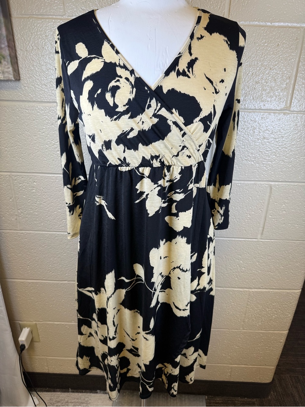 Sew In Love Black and Cream Floral Wrap Midi Dress